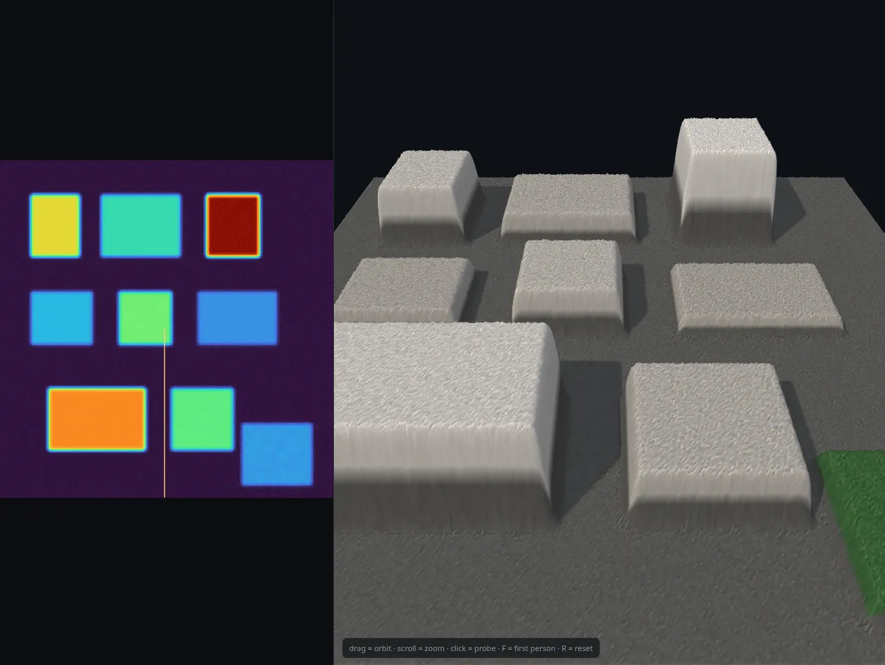 Synthetic scene height map and shaded 3D render
